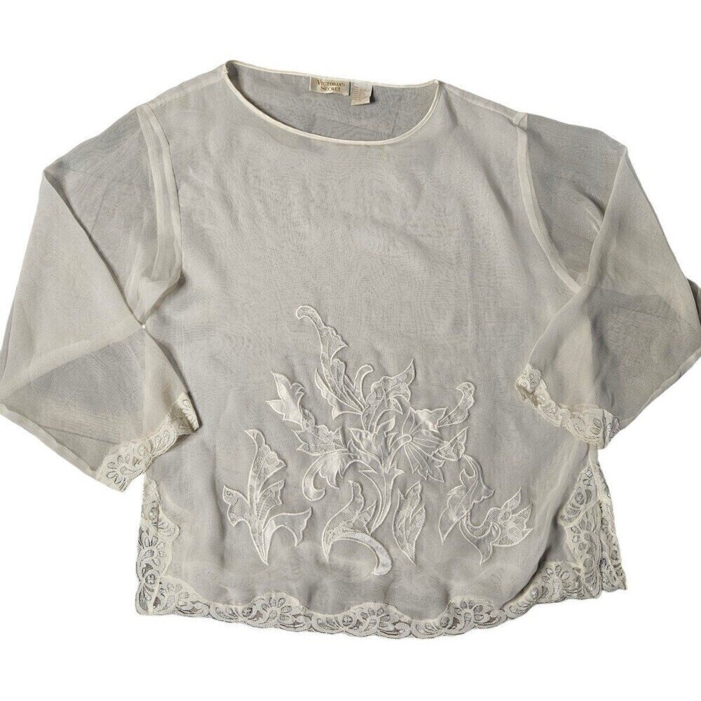 Victorias Secret Vintage Blouse White Long Sleeve Scoop Neck Sheer M